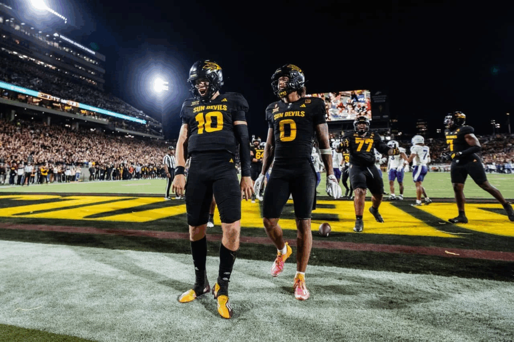Jordyn Tyson #0 and Sam Leavitt #10 celebrate the "game winning" score against TCU on 9/26/2025