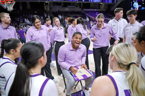 GCU 1st year head coach Winston Gandy giving his girls a massive morale boost in a media timeout. (Photo Credit: GCU Athletics/David Kadlubowski)