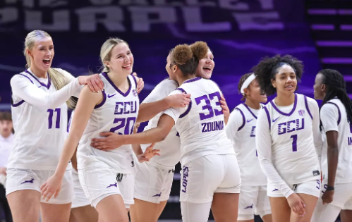 GCU Lady Lopes celebrating beating SDSU at home and crumbling their 14-game winning streak in MWC. 