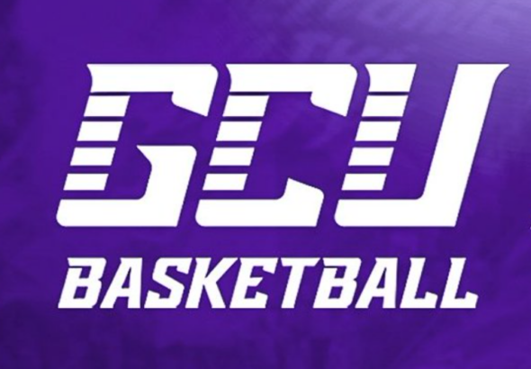 Logo with large white stylized letters above and the word 'BASKETBALL' below on a purple background.