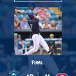 Promotional game update poster with a baseball player swing, score 10–11, team logos, and The Blood Connection branding.