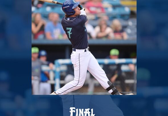 Promotional game update poster with a baseball player swing, score 10–11, team logos, and The Blood Connection branding.