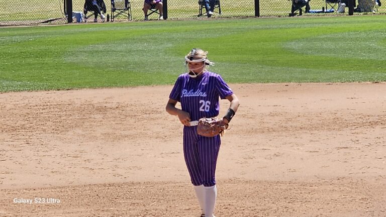 Baseball player in purple pinstripe uniform no. 26, wearing a catcher's mask and glove, standing on the infield dirt.