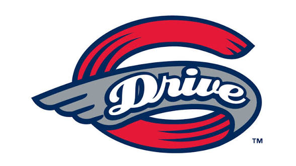 Logo with the word 'Drive' in white script inside a gray wing and a red curved ring behind it.