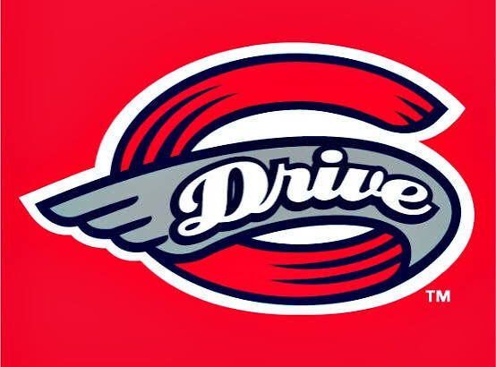 Logo featuring a gray wing across a red circular motif with the white script word 'Drive'