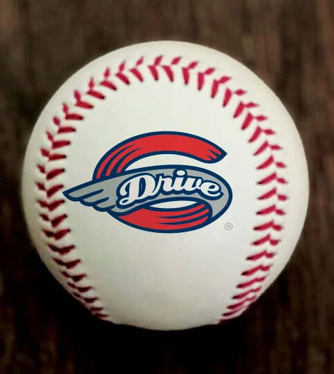 White baseball with red stitching and a blue/red 'Drive' logo at the center.