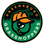 Circular Greensboro Grasshoppers logo featuring a green grasshopper wearing an orange cap, with team name text around the edge.