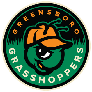 Circular Greensboro Grasshoppers logo featuring a green grasshopper wearing an orange cap, with team name text around the edge.