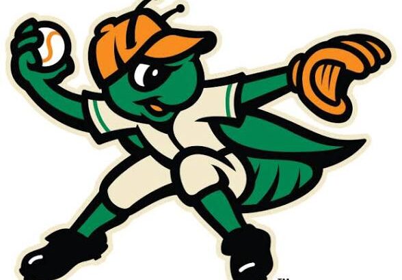 Green insect mascot wearing an orange cap and white uniform, pitching a baseball.