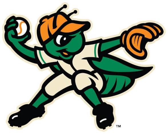 Green insect mascot wearing an orange cap and white uniform, pitching a baseball.