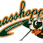 Greensboro Grasshoppers logo with orange-green script and a grasshopper in hockey gear
