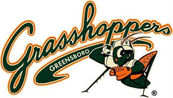 Greensboro Grasshoppers logo with orange-green script and a grasshopper in hockey gear