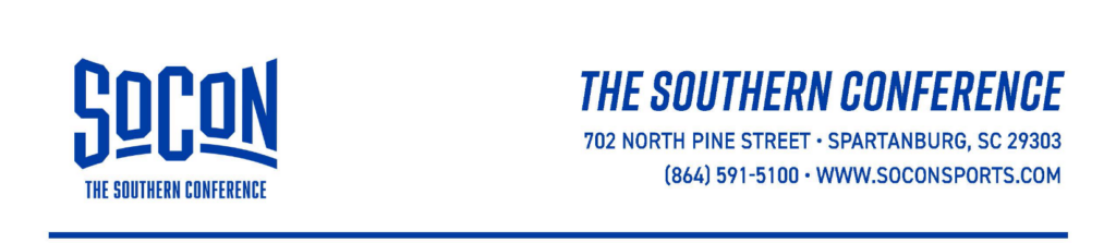 SoCon logo on left with 'THE SOUTHERN CONFERENCE' text on white banner; right side shows blue heading 'THE SOUTHERN CONFERENCE' and contact details (address, phone, website) in blue, with a blue underline near the bottom.