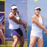 A four-panel collage of female tennis players in white tops and navy skirts, each in a ready-to-hit pose on a chain-link court with yellow panel dividers.