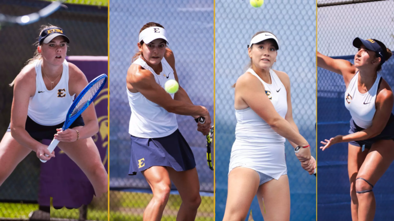 A four-panel collage of female tennis players in white tops and navy skirts, each in a ready-to-hit pose on a chain-link court with yellow panel dividers.