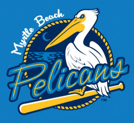 Pelican logo for the Myrtle Beach Pelicans baseball team, with a yellow bat crossing a blue background and the team name in stylized lettering.