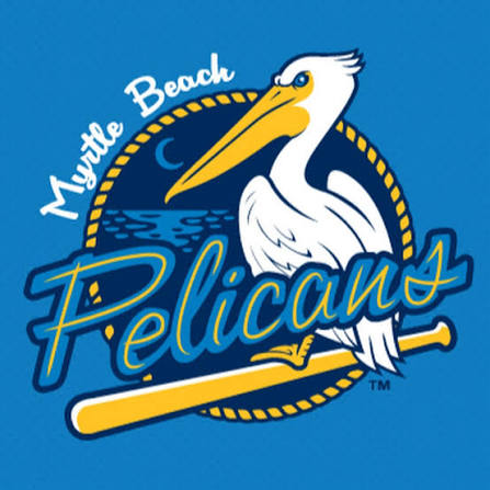 Pelican logo for the Myrtle Beach Pelicans baseball team, with a yellow bat crossing a blue background and the team name in stylized lettering.
