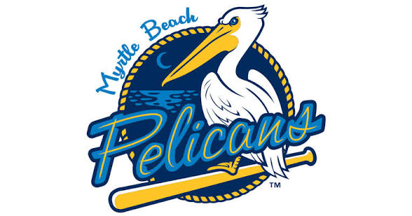 Myrtle Beach Pelicans baseball team logo featuring a white pelican perched over a yellow bat with the blue wordmark 'Pelicans' and a circular blue emblem behind it.