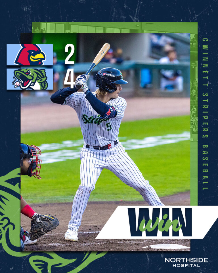 Graphic of a baseball player swinging with a 2-4 score, team logos on the left, and 'WIN' text; Northside Hospital branding at bottom-right.