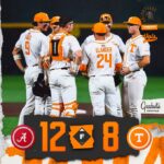 Tennessee Volunteers baseball players huddle on the field, score 12–8 on a torn banner; Alabama and Tennessee logos visible, Gradate Knoxville sign in foreground.