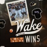 Wake Forest baseball poster celebrating 2026 season, featuring a team photo and the bold 'Wake WINS' headline with graphics around it.