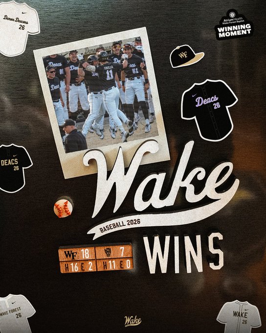 Wake Forest baseball poster celebrating 2026 season, featuring a team photo and the bold 'Wake WINS' headline with graphics around it.