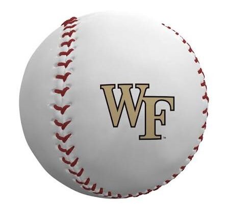 White baseball with red stitching and the Wake Forest University WF logo on the ball.
