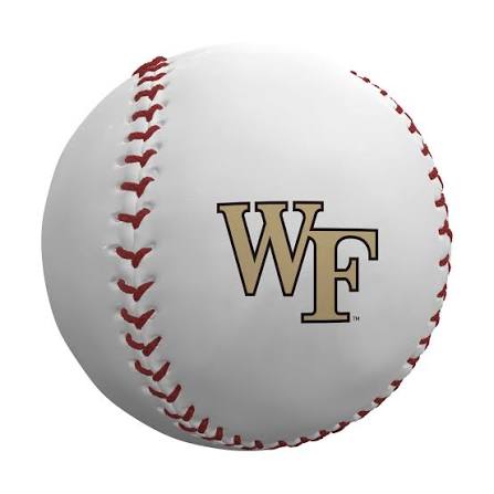 White baseball with red stitching and the Wake Forest University WF logo on the ball.