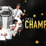 Wake Forest men's tennis 2026 ACC champions collage with players celebrating around the trophy and 'CHAMPIONS' in gold on the right.