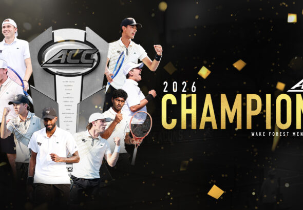 Wake Forest men's tennis 2026 ACC champions collage with players celebrating around the trophy and 'CHAMPIONS' in gold on the right.