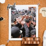 Wake Forest football players celebrate a victory on the field, fists raised in a postgame pose with a 'final' caption nearby.