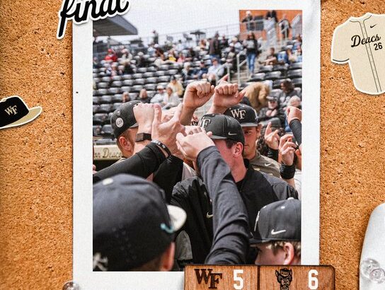 Wake Forest football players celebrate a victory on the field, fists raised in a postgame pose with a 'final' caption nearby.