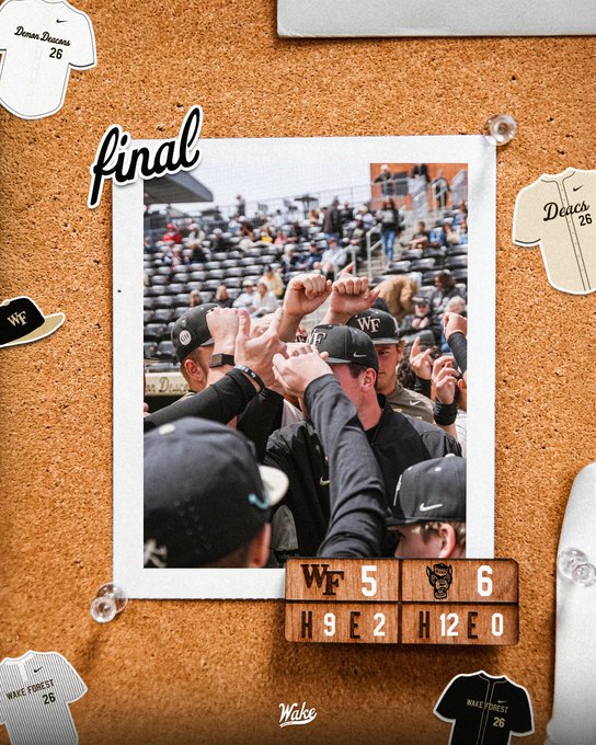 Wake Forest football players celebrate a victory on the field, fists raised in a postgame pose with a 'final' caption nearby.