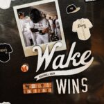 Wake Forest baseball poster celebrating 2026 season with a player photo and 'WAKE WINS' headline in a collage layout.