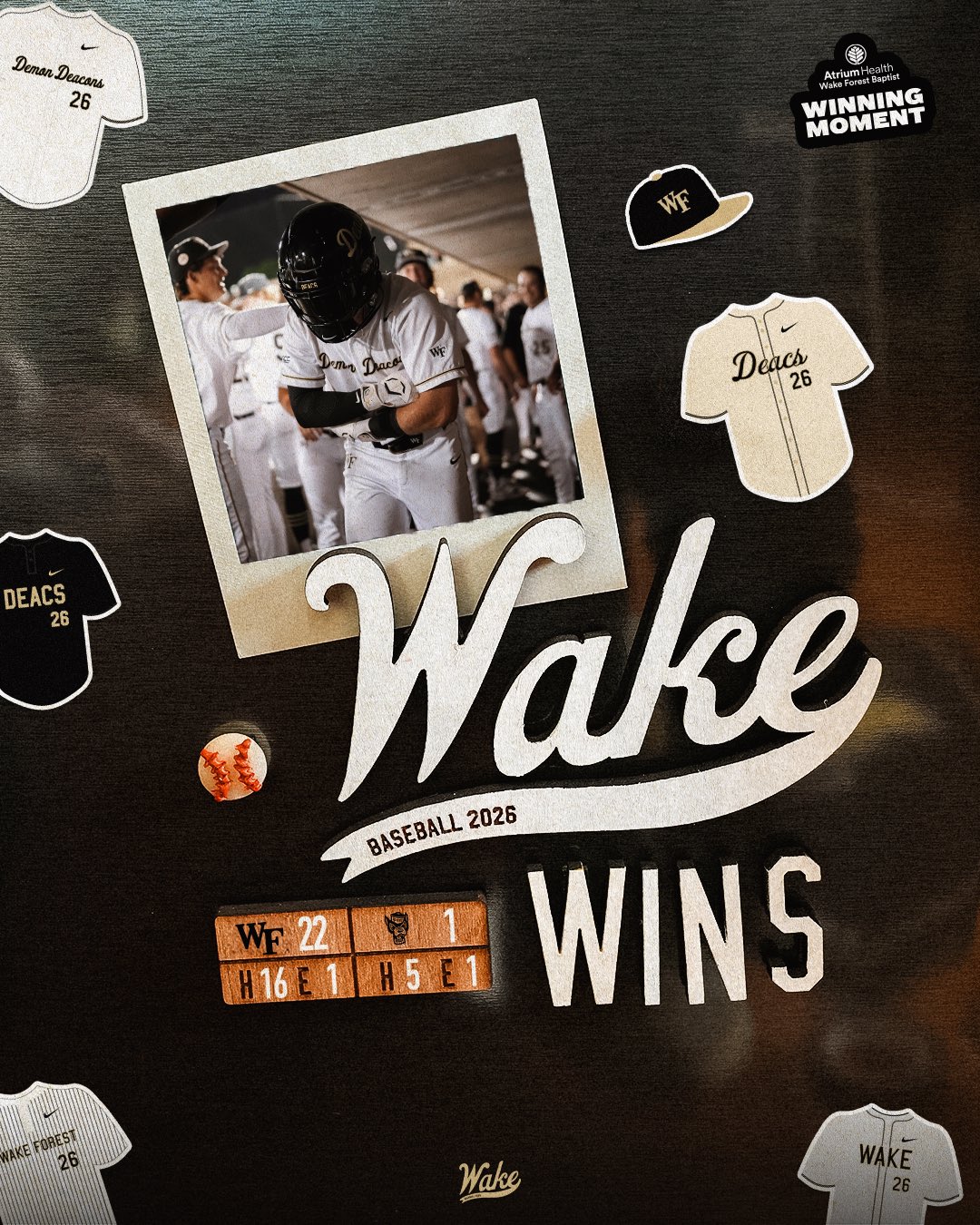 Wake Forest baseball poster celebrating 2026 season with a player photo and 'WAKE WINS' headline in a collage layout.
