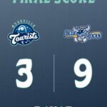 Final score graphic showing Asheville Tourists 3, Wilmington Blue Rocks 9, with team logos and a vertical divider; bottom displays the R, H, E statistics for both teams.
