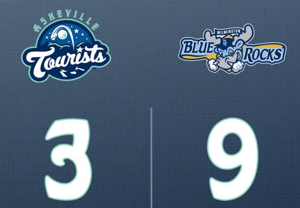 Final score graphic showing Asheville Tourists 3, Wilmington Blue Rocks 9, with team logos and a vertical divider; bottom displays the R, H, E statistics for both teams.