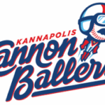 Kannapolis Cannon Ballers logo featuring bold blue-and-red script and a cartoon baseball mascot wearing a helmet.