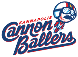 cannonballers » Greenville Sports Media Kannapolis Cannon Ballers logo featuring bold blue-and-red script and a cartoon baseball mascot wearing a helmet.
