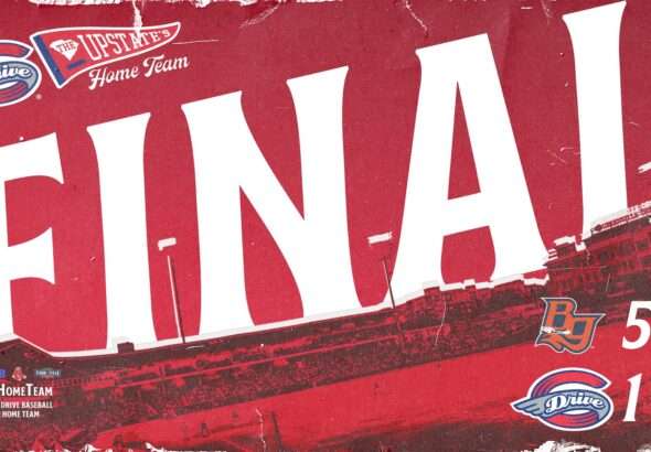 Graphic poster for Greenville Drive home game with bold 'FINAL' text and team logos (Drive). Includes hashtags and 'GVL Home Team' messaging.