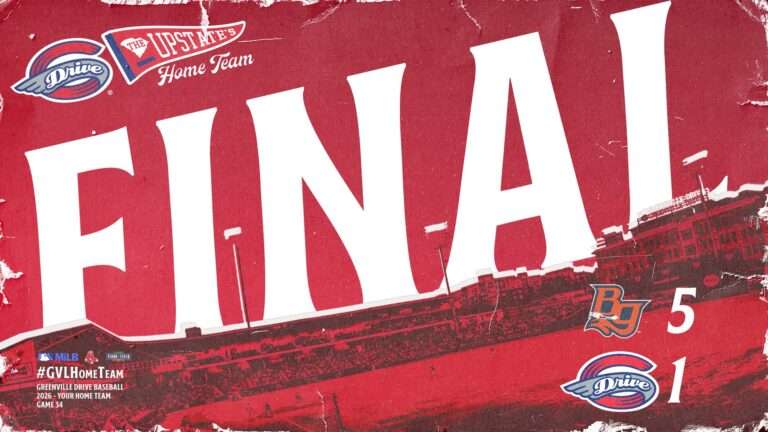 Graphic poster for Greenville Drive home game with bold 'FINAL' text and team logos (Drive). Includes hashtags and 'GVL Home Team' messaging.