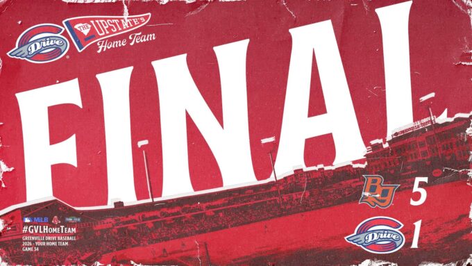 Graphic poster for Greenville Drive home game with bold 'FINAL' text and team logos (Drive). Includes hashtags and 'GVL Home Team' messaging.