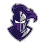 Stylized purple knight mascot logo with helmet and visor facing forward, silver outline.