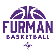 Furman basketball logo: purple basketball above bold 'FURMAN' with 'BASKETBALL' below and a small emblem beneath.