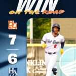 Baseball player in a white Hot Rods uniform sprinting on a field; left shows 7–6 score and sponsor logos on a blue gradient background.