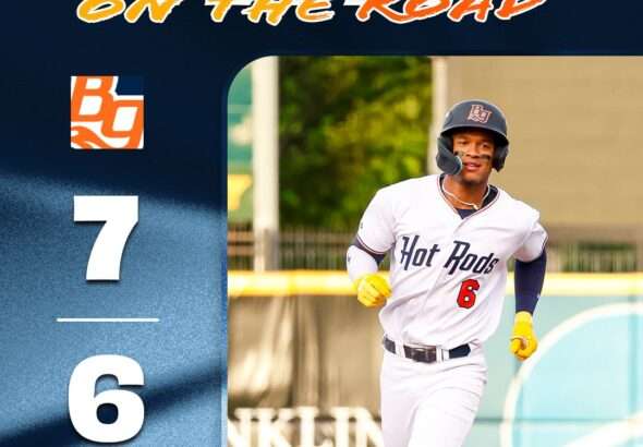 Baseball player in a white Hot Rods uniform sprinting on a field; left shows 7–6 score and sponsor logos on a blue gradient background.