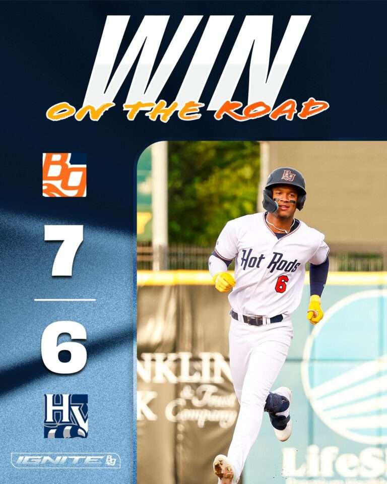 Baseball player in a white Hot Rods uniform sprinting on a field; left shows 7–6 score and sponsor logos on a blue gradient background.