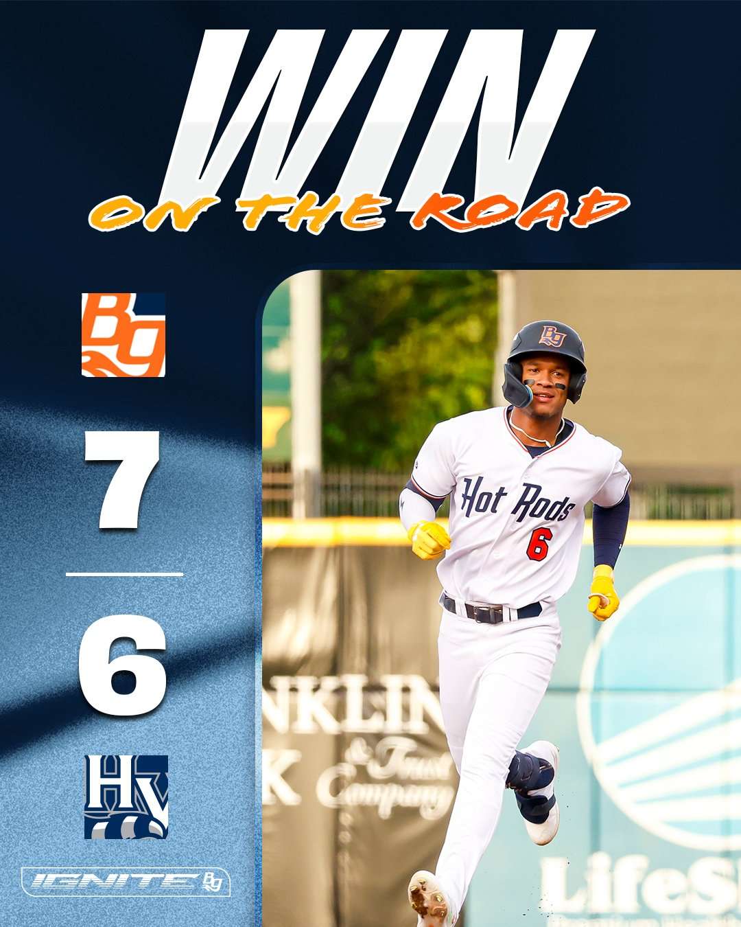 Baseball player in a white Hot Rods uniform sprinting on a field; left shows 7–6 score and sponsor logos on a blue gradient background.