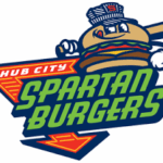 Logo for Hub City Spartan Burgers featuring a cartoon burger superhero wearing a helmet and cape, with bold green 'SPARTAN BURGERS' text and a red 'Hub City' badge.