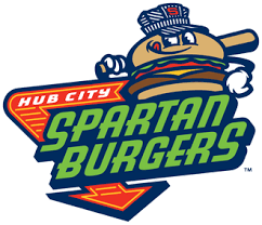 Logo for Hub City Spartan Burgers featuring a cartoon burger superhero wearing a helmet and cape, with bold green 'SPARTAN BURGERS' text and a red 'Hub City' badge.